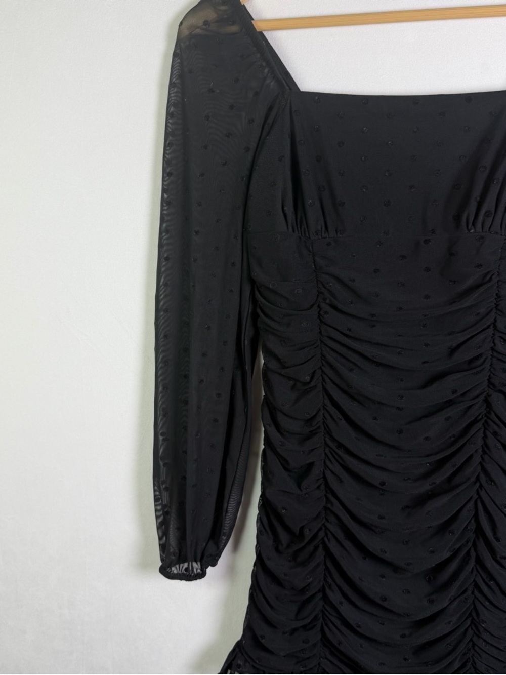 Dear Moon Womens Black Ruched Mini Dress Sz 5 Swiss Dot Coquette Y2K Bodycon - Picture 4 of 11